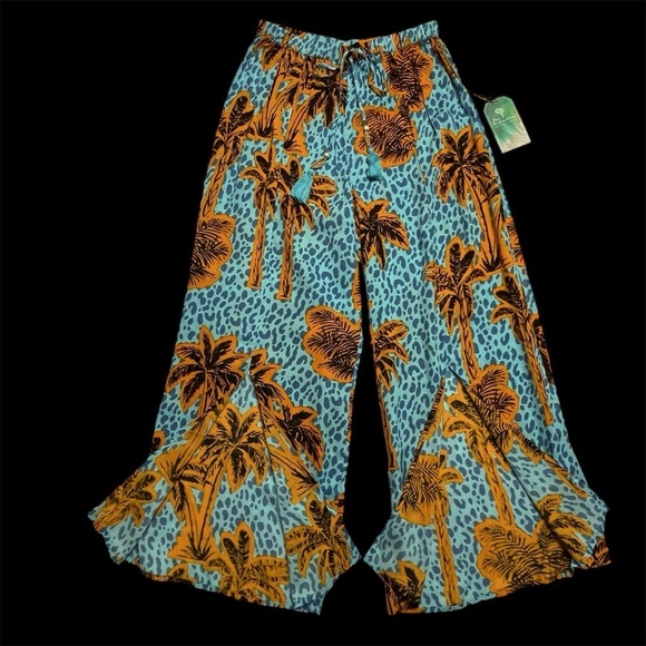 True Destinations Pants Wide Loose Leg w/ Split Blue & Gold Women’s Size Medium - Picture 2 of 16